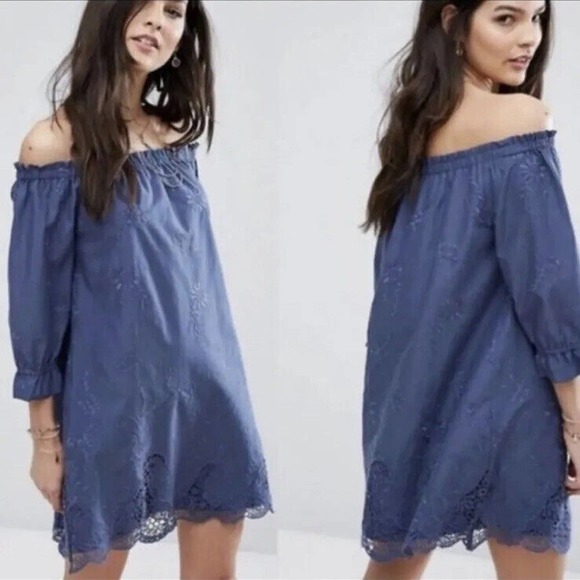 Abercrombie & Fitch Off the Shoulder Blue Embroidered Loose Fit Dress Small - Picture 1 of 13